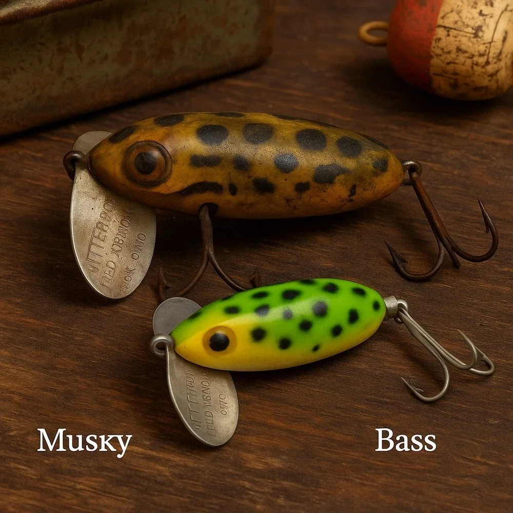 2 Vintage Fred Arbogast Jitterbug Fishing Lures Frog Pattern Topwater Bass Akron